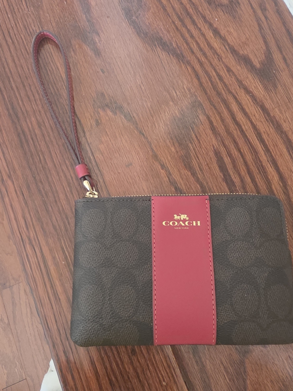 Coach Brown Signature Wristlet with Red Stripe